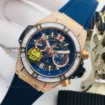 GB Factory Replica Hublot Big Bang Unico Blue Dial Rose Gold Diamond Watch With Hublot Blue Rubber Band
